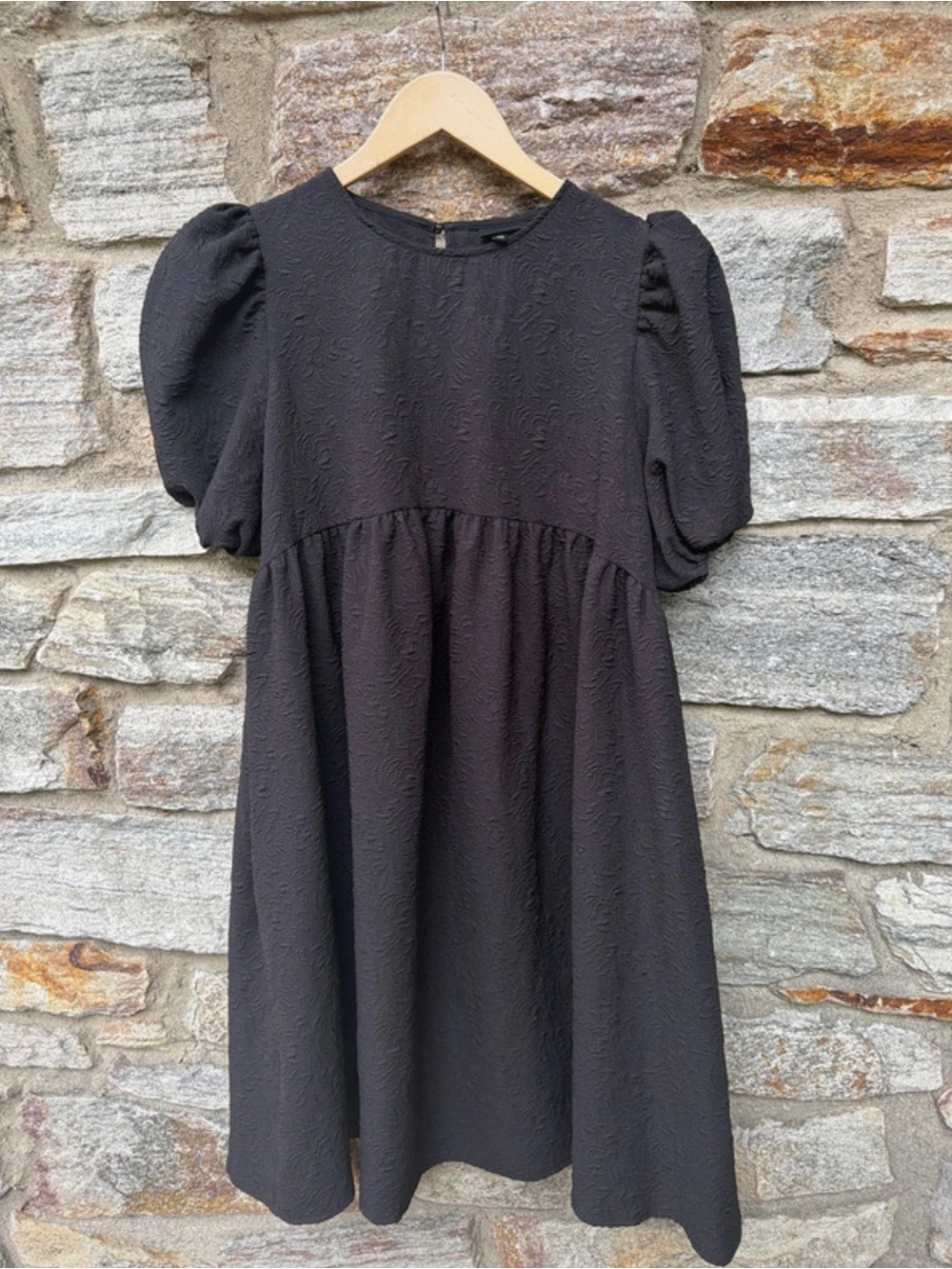 Black Textured Puff Sleeve Mini Dress